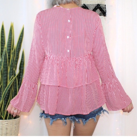 Zara Red Striped Ruffle Tier Hem Blouse - Picture 2 of 8